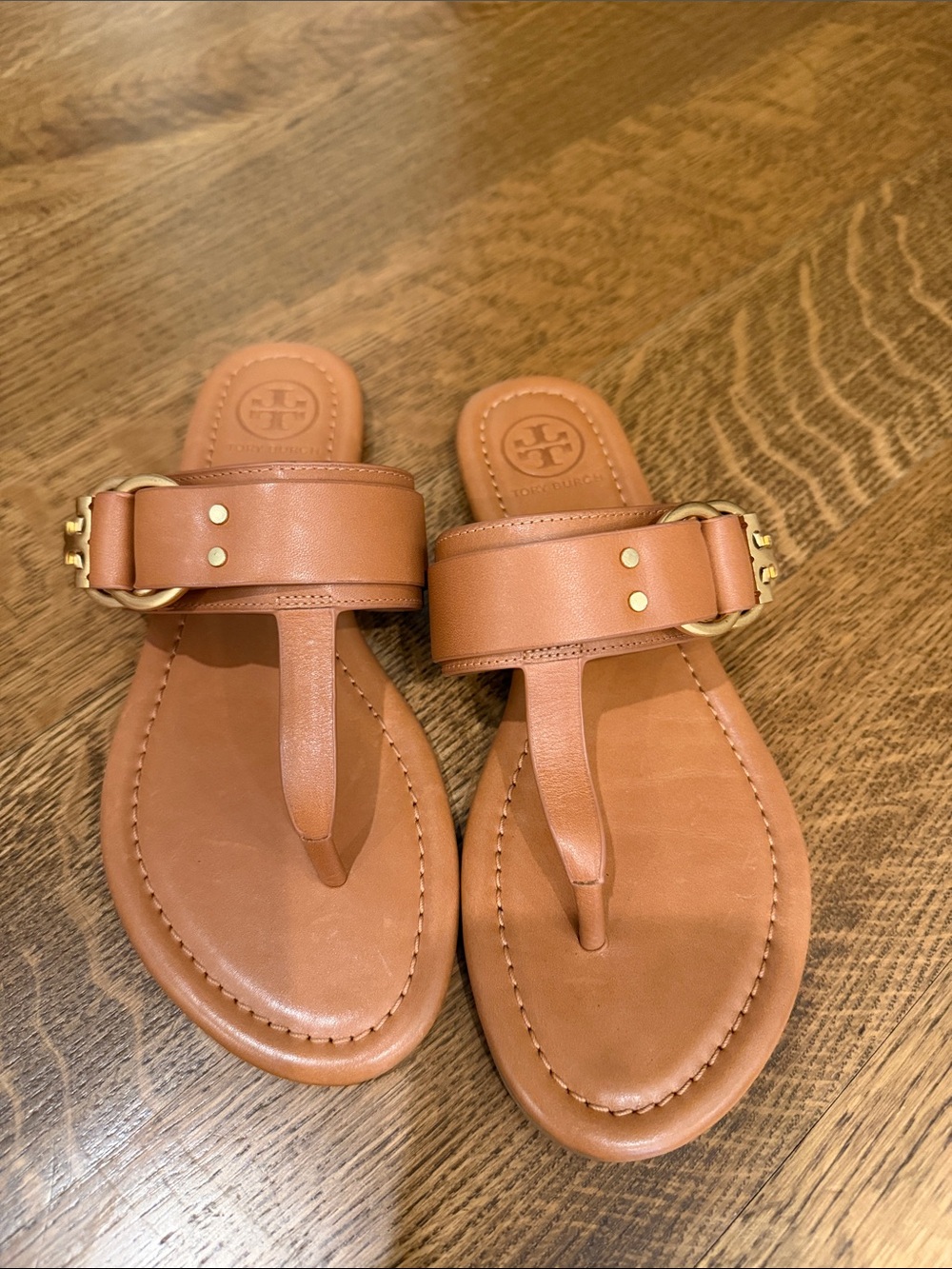 Tory Burch Cognac Leather Thong Sandals with Gold Hardware